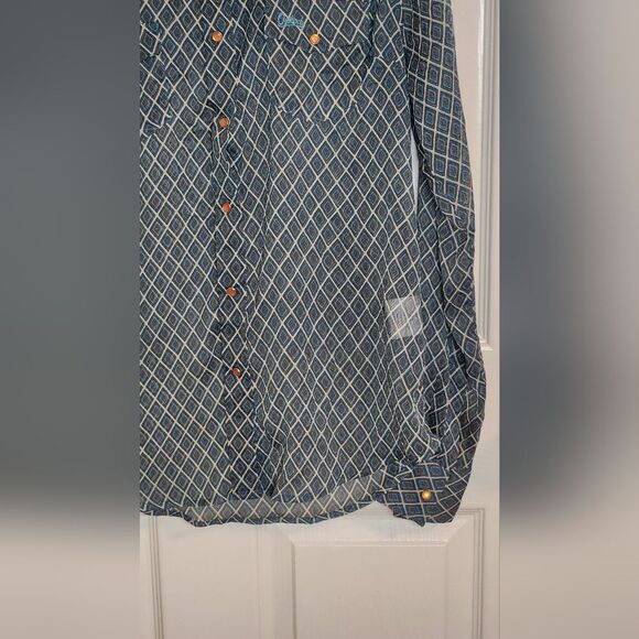 Outback Trading Co M BlueGreen GeometricPrint Lslv Pockets SnapFront Women Shirt - Picture 3 of 8